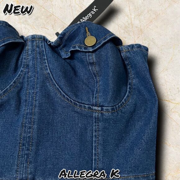 New NWT Allegra K Button Front Strapless Denim Crop Top - Size Small - Picture 5 of 9